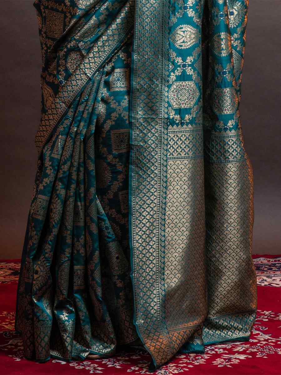 Teal Silk Handwoven Wedding Festival Heavy Border Saree