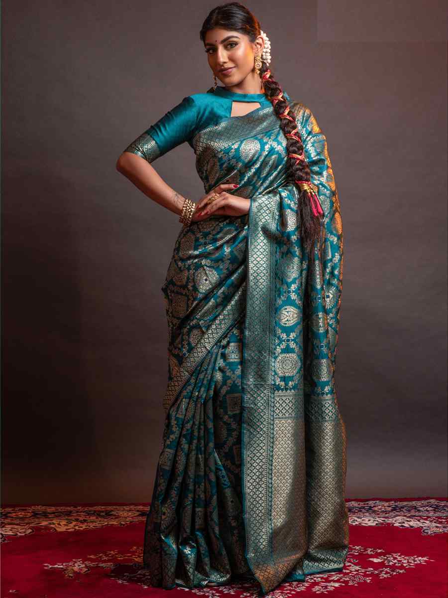 Teal Silk Handwoven Wedding Festival Heavy Border Saree