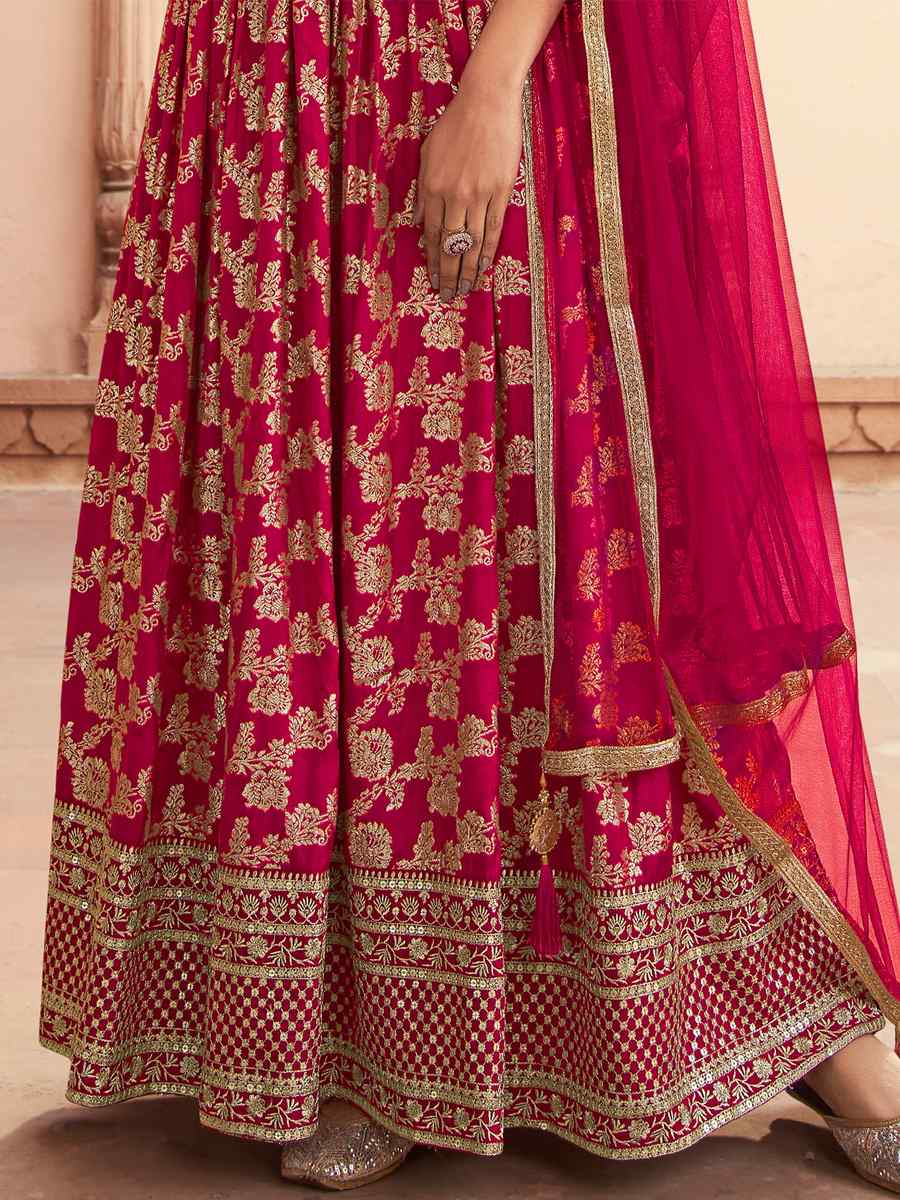 Pink Dola Jacquard Silk Embroidered Festival Wedding Anarkali Salwar Kameez