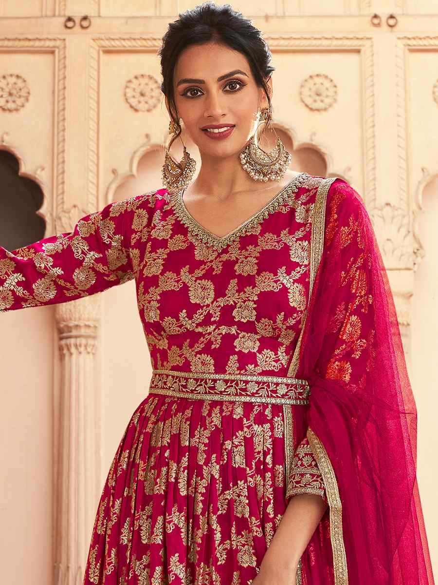 Pink Dola Jacquard Silk Embroidered Festival Wedding Anarkali Salwar Kameez