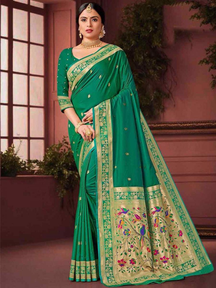 Traditional Wedding Wear Rama Green Color Jacquard Work Smooth Silk Plus  Size Saree - 7082