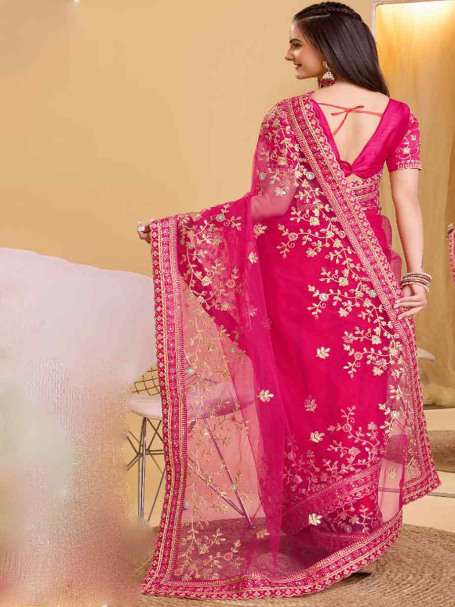 Pink Heavy Butterfly Net Embroidered Wedding Festival Heavy Border Saree