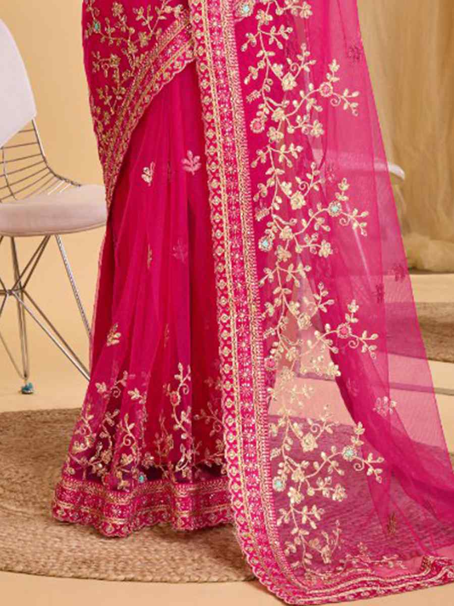 Pink Heavy Butterfly Net Embroidered Wedding Festival Heavy Border Saree