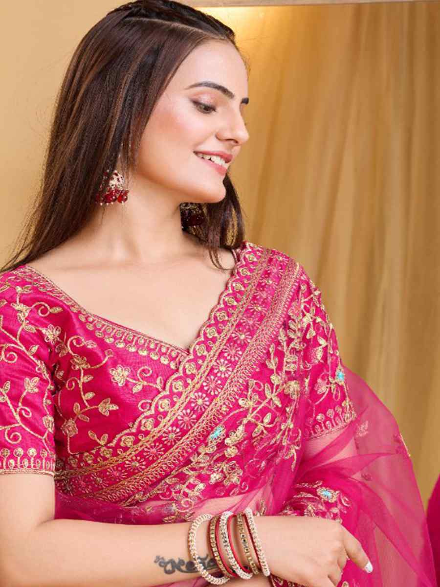 Pink Heavy Butterfly Net Embroidered Wedding Festival Heavy Border Saree