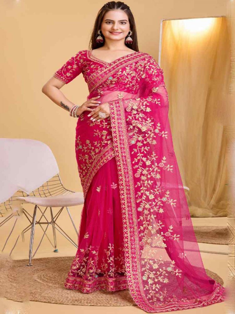 Pink Heavy Butterfly Net Embroidered Wedding Festival Heavy Border Saree