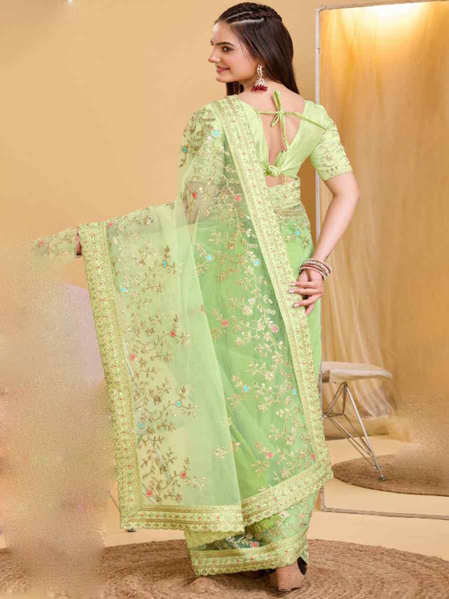 Pista Heavy Butterfly Net Embroidered Wedding Festival Heavy Border Saree