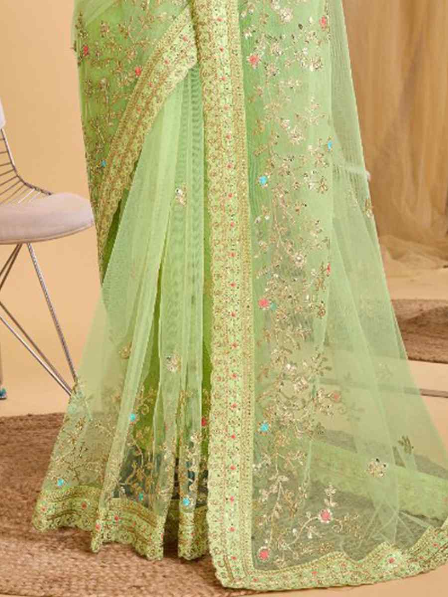 Pista Heavy Butterfly Net Embroidered Wedding Festival Heavy Border Saree