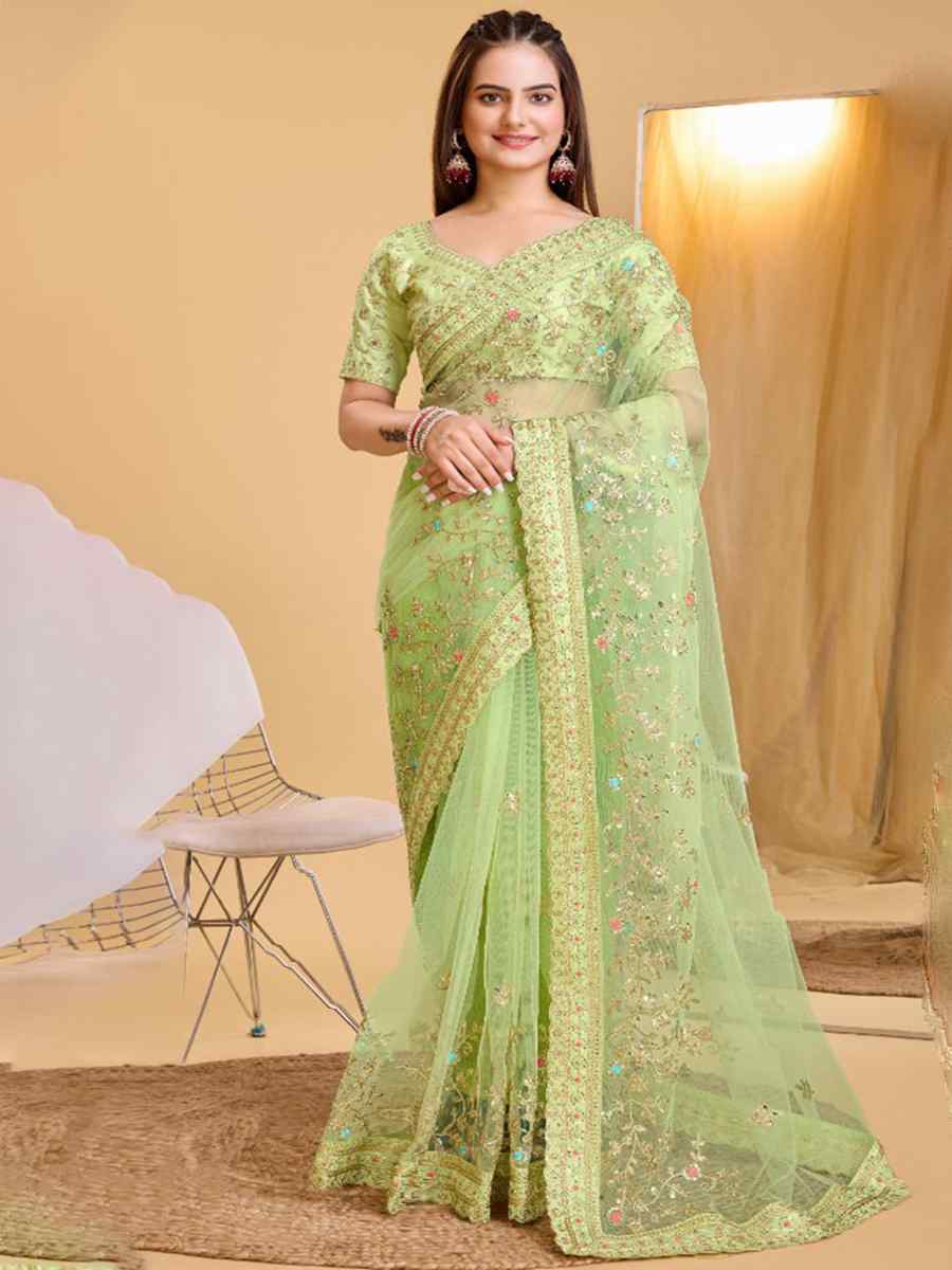 Pista Heavy Butterfly Net Embroidered Wedding Festival Heavy Border Saree