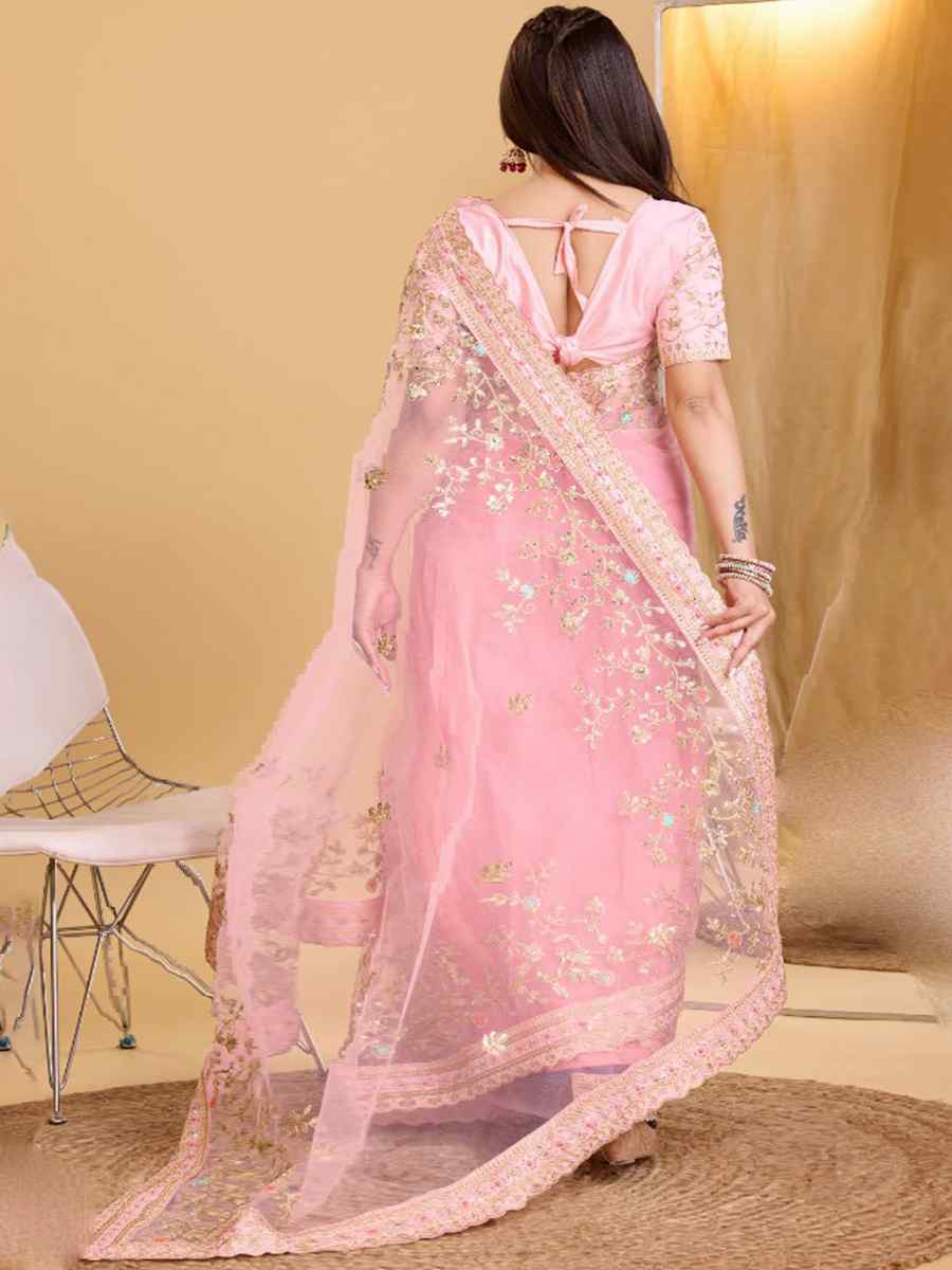 Light Pink Heavy Butterfly Net Embroidered Wedding Festival Heavy Border Saree