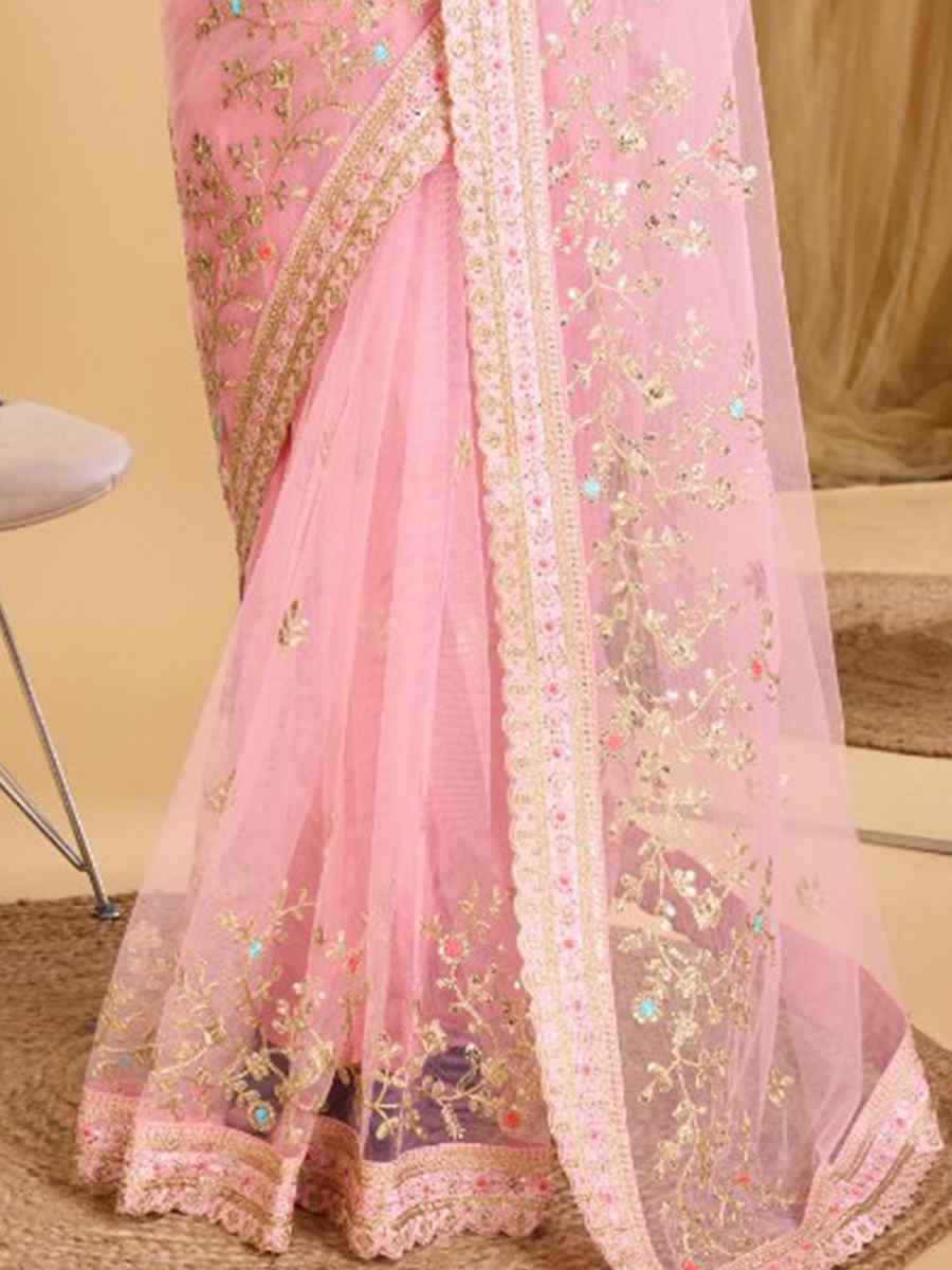 Light Pink Heavy Butterfly Net Embroidered Wedding Festival Heavy Border Saree