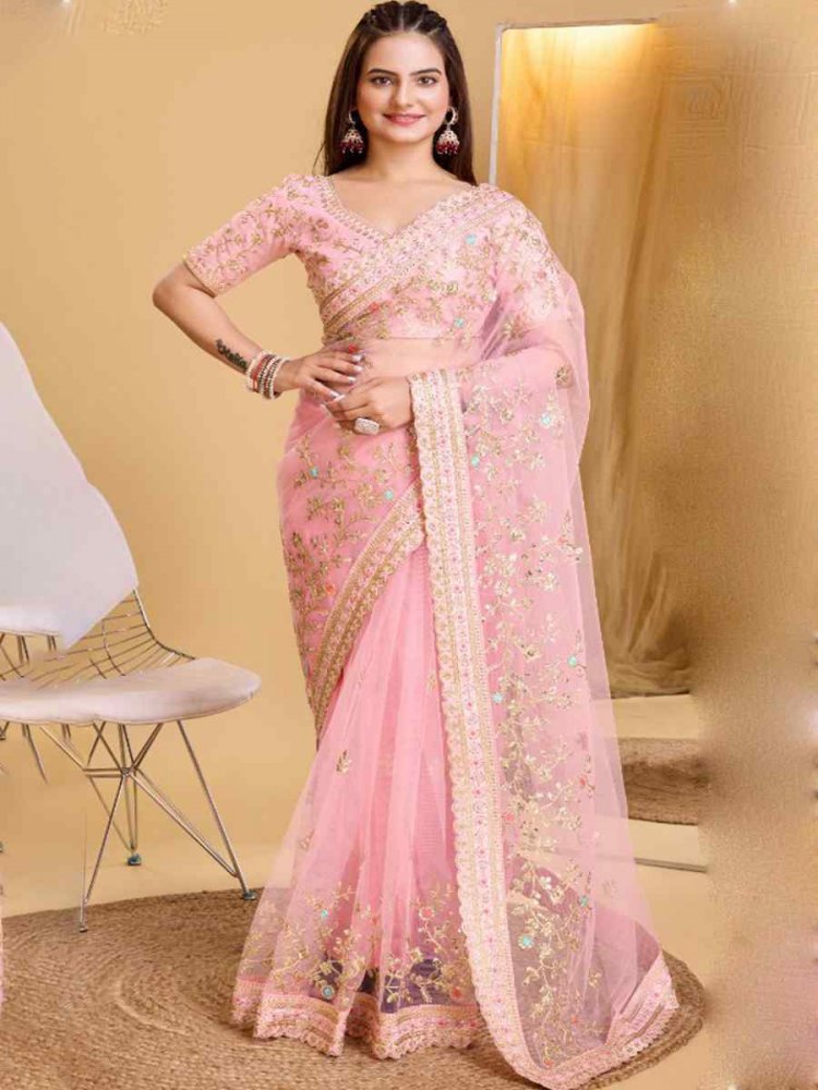 Light Pink Heavy Butterfly Net Embroidered Wedding Festival Heavy Border Saree