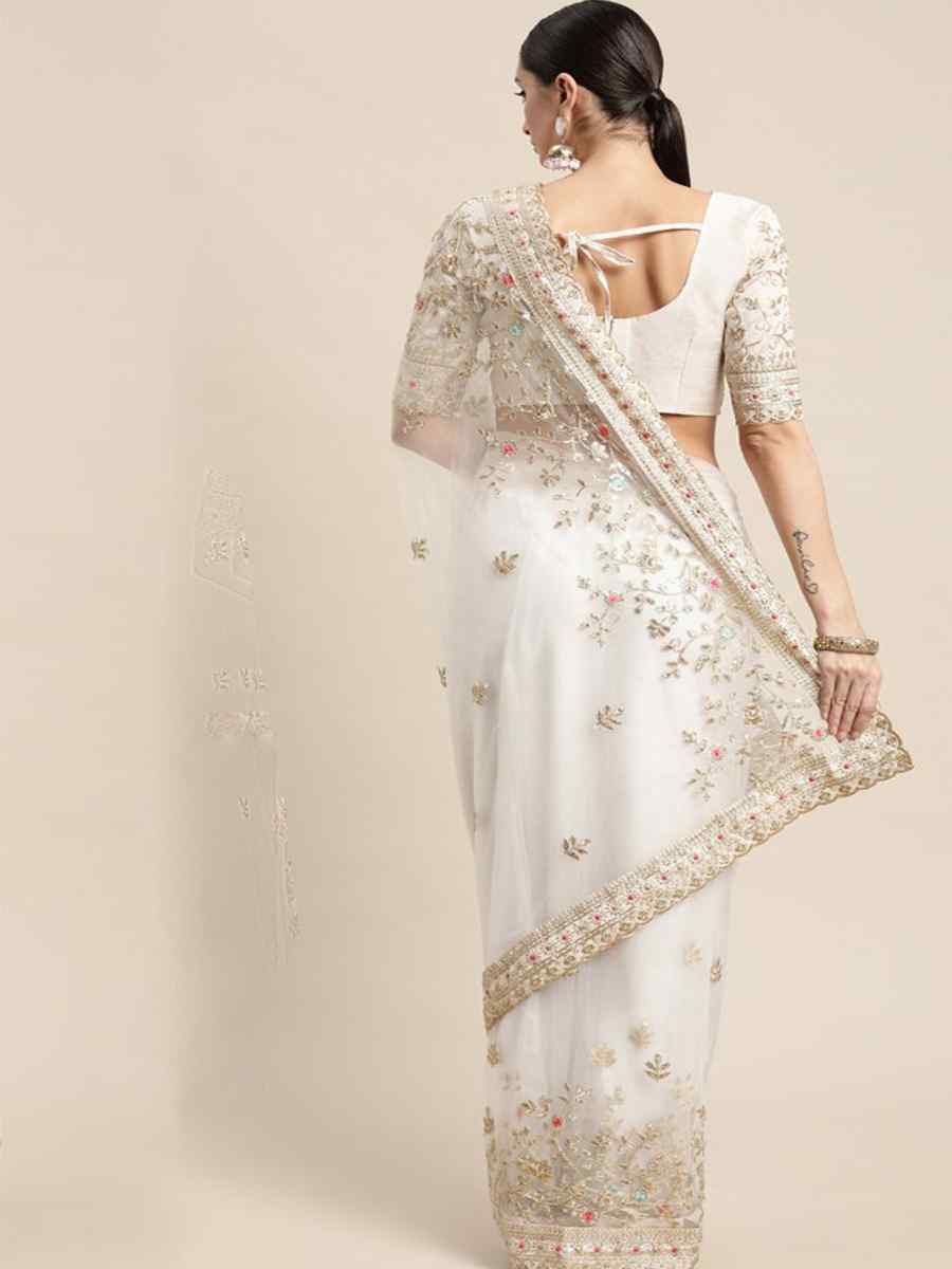 White Heavy Butterfly Net Embroidered Wedding Festival Heavy Border Saree