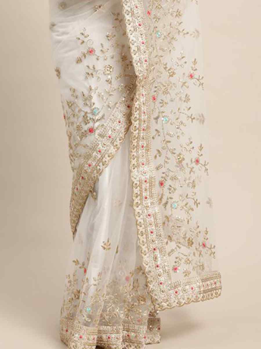 White Heavy Butterfly Net Embroidered Wedding Festival Heavy Border Saree