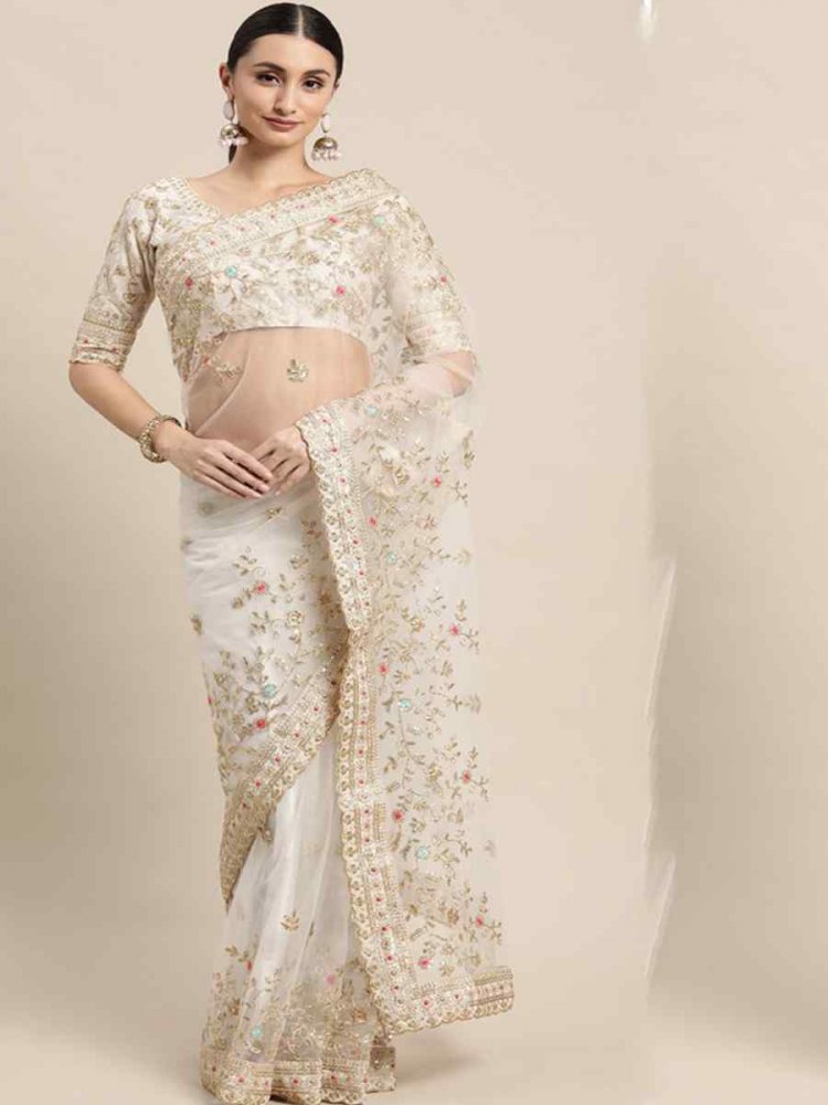 White Heavy Butterfly Net Embroidered Wedding Festival Heavy Border Saree