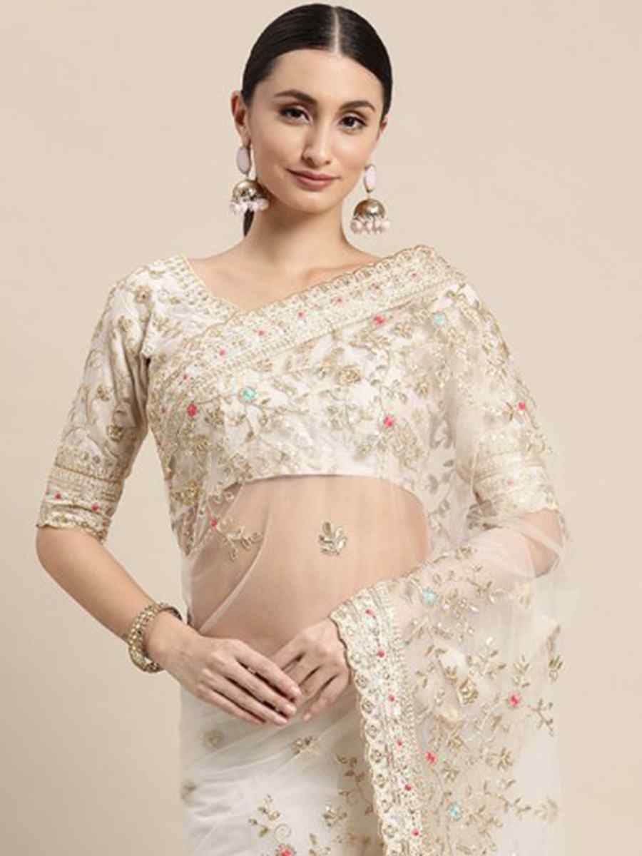 White Heavy Butterfly Net Embroidered Wedding Festival Heavy Border Saree