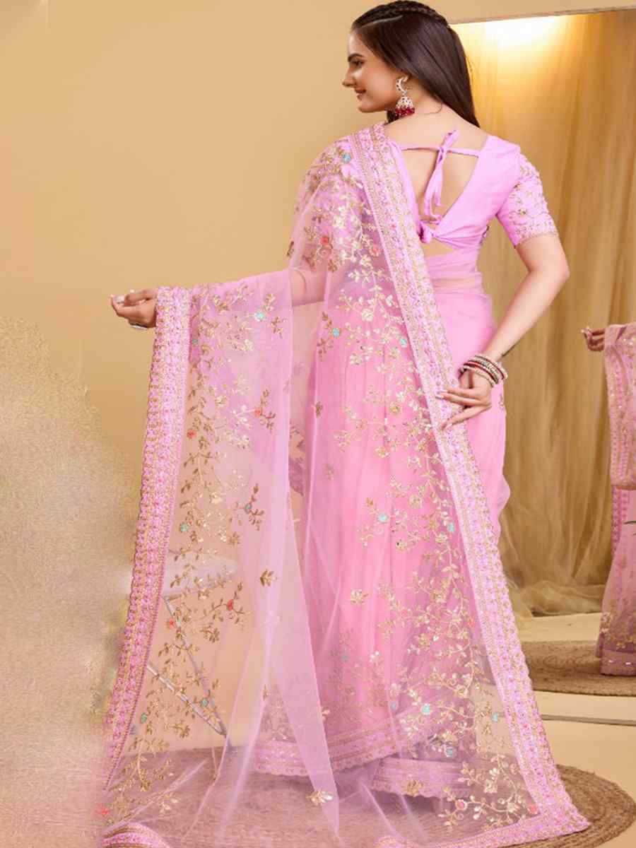 Baby Pink Heavy Butterfly Net Embroidered Wedding Festival Heavy Border Saree