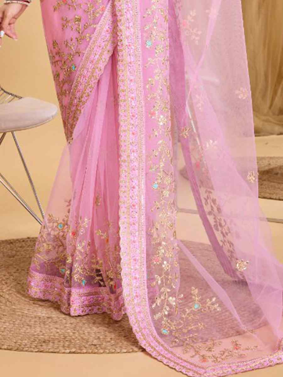 Baby Pink Heavy Butterfly Net Embroidered Wedding Festival Heavy Border Saree