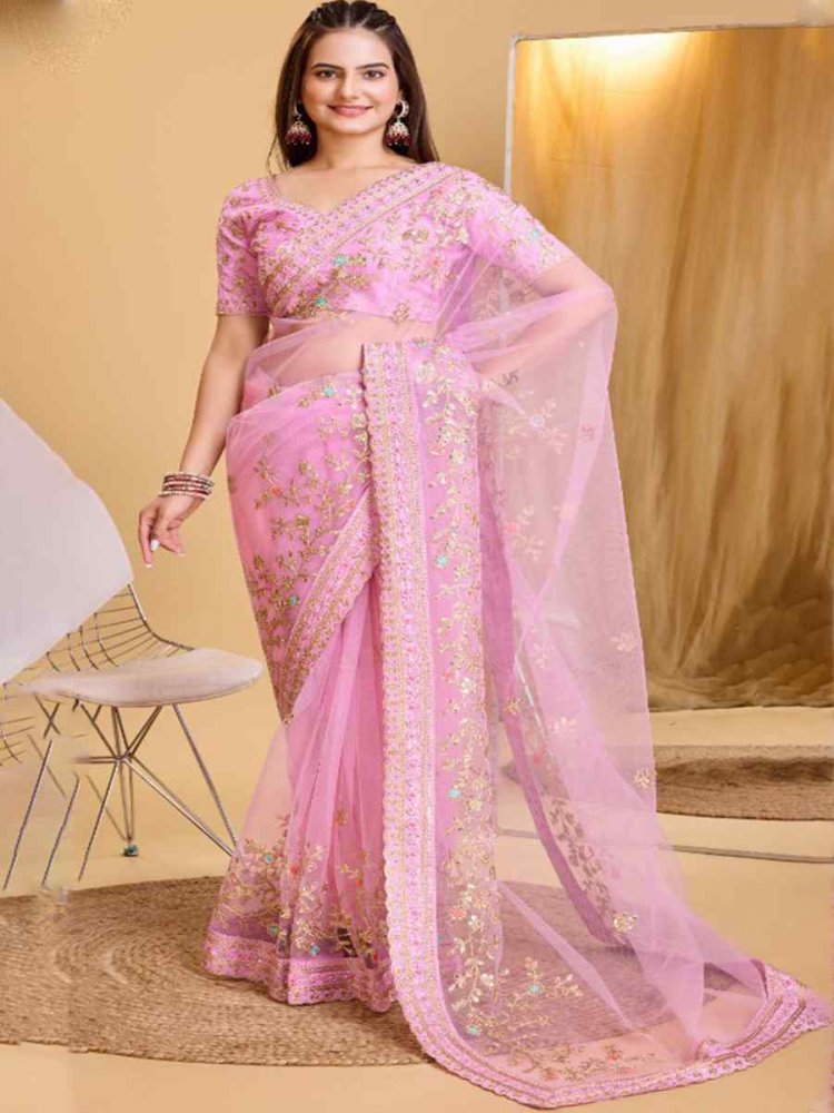 Baby Pink Heavy Butterfly Net Embroidered Wedding Festival Heavy Border Saree