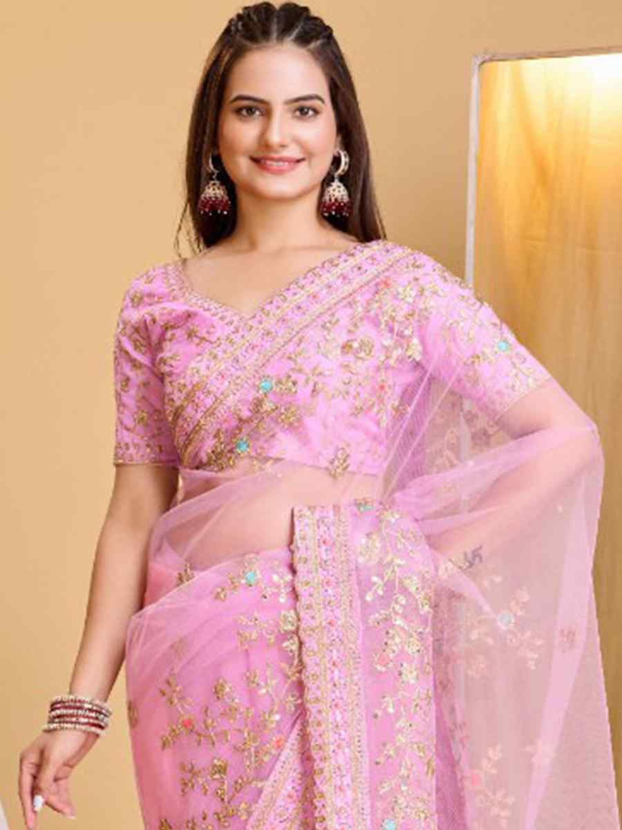 Baby Pink Heavy Butterfly Net Embroidered Wedding Festival Heavy Border Saree