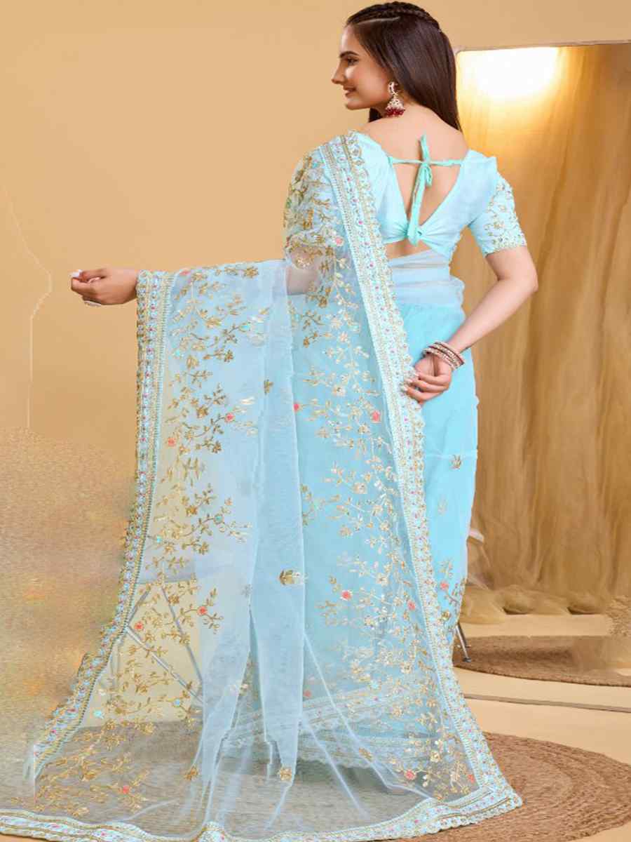 Sky Heavy Butterfly Net Embroidered Wedding Festival Heavy Border Saree