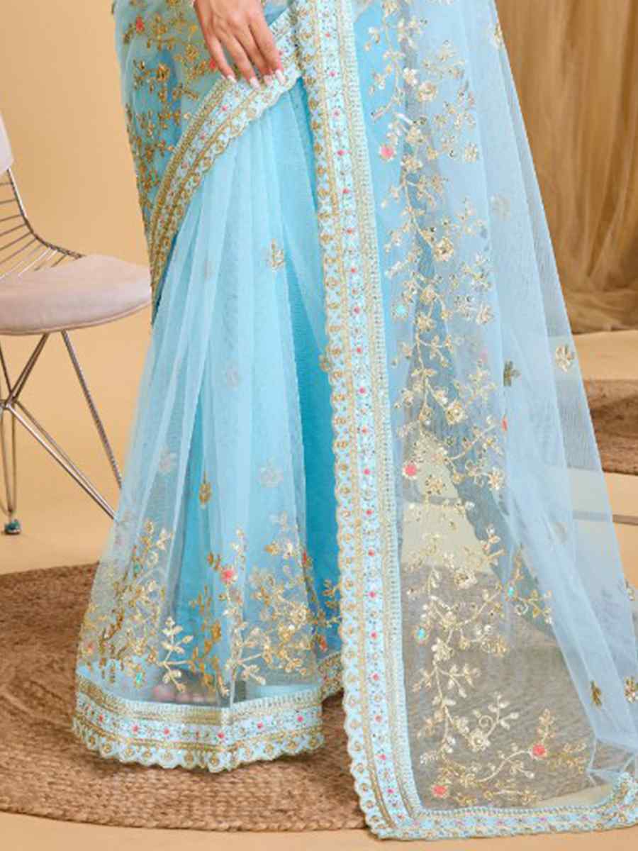 Sky Heavy Butterfly Net Embroidered Wedding Festival Heavy Border Saree