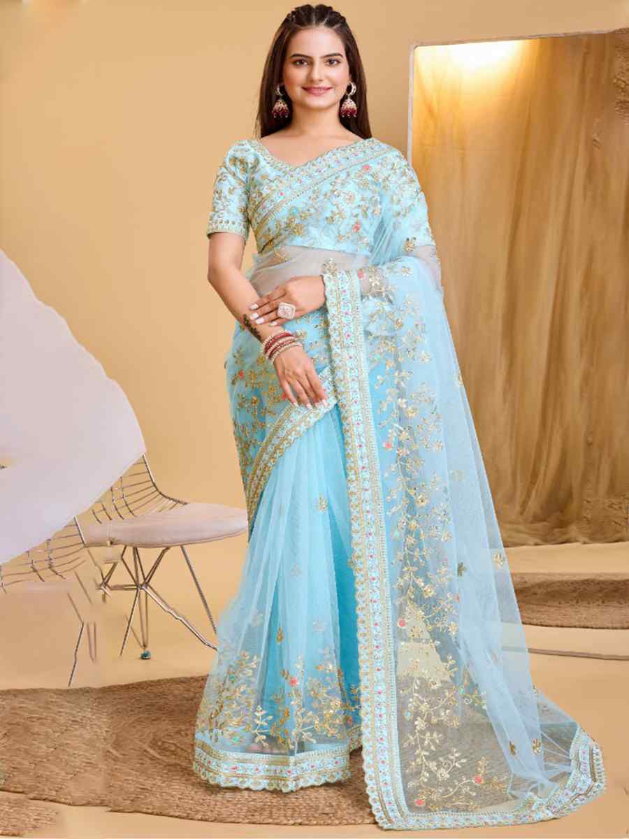 Sky Heavy Butterfly Net Embroidered Wedding Festival Heavy Border Saree