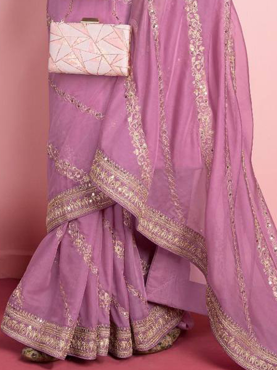 Violet Taby Silk Embroidered Festival Party Classic Style Saree