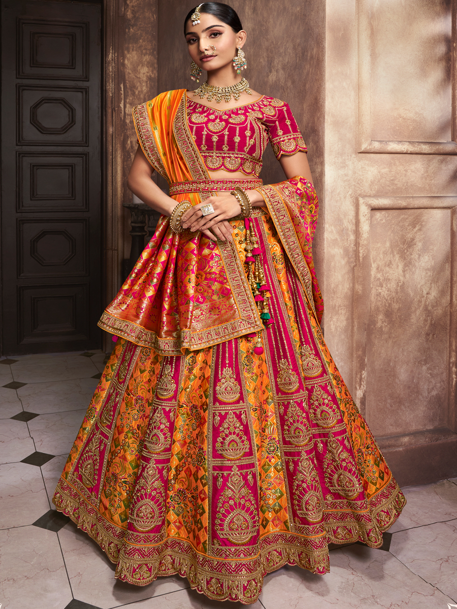 Yellow Silk Embroidered Bridal Wedding Heavy Border Lehenga Choli