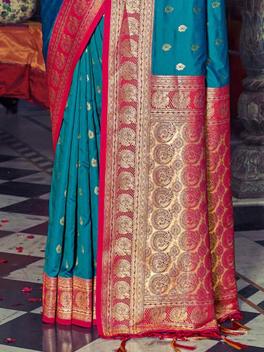 Blue Banarasi Silk Handwoven Wedding Festival Heavy Border Saree