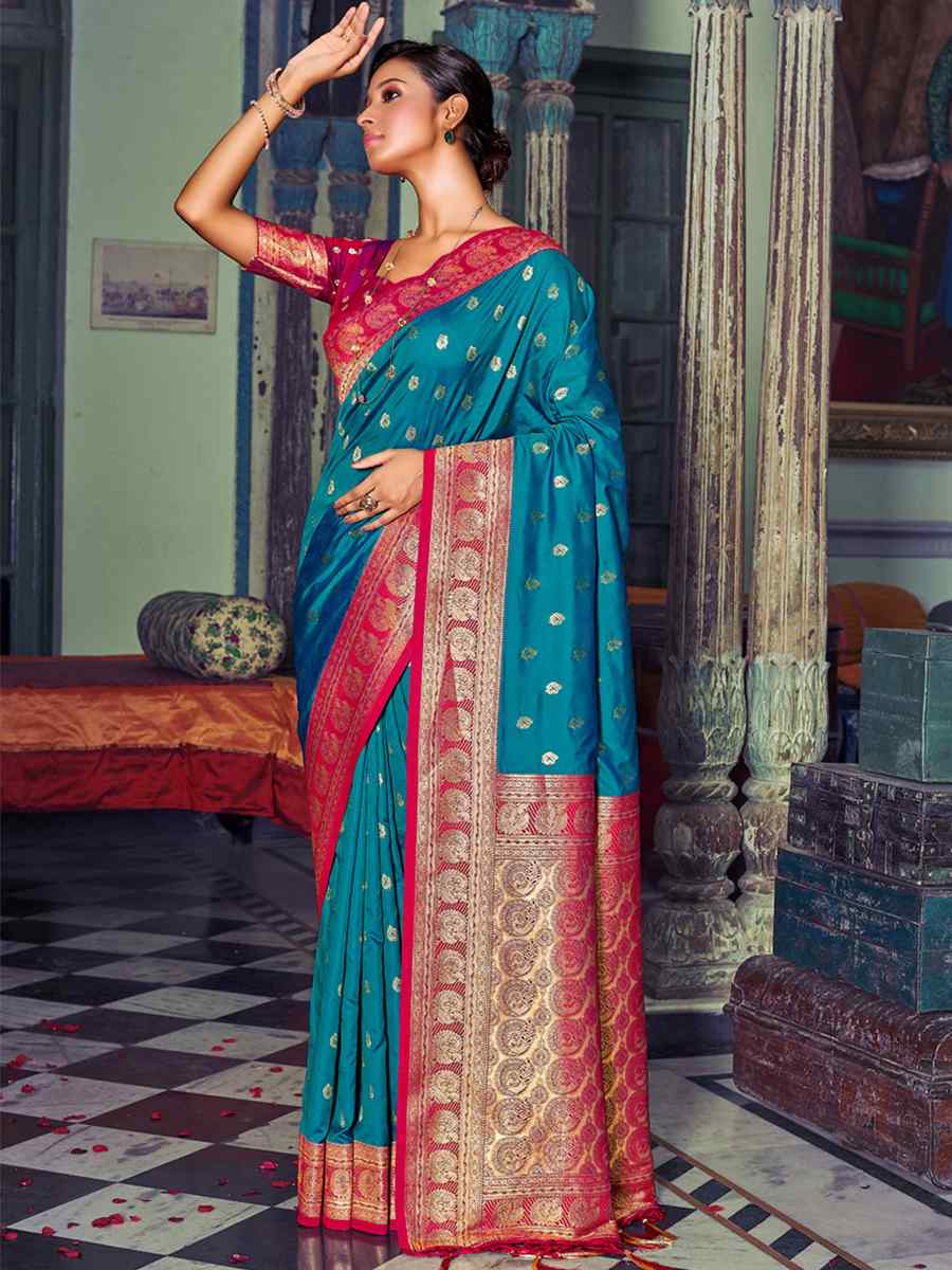 Blue Banarasi Silk Handwoven Wedding Festival Heavy Border Saree