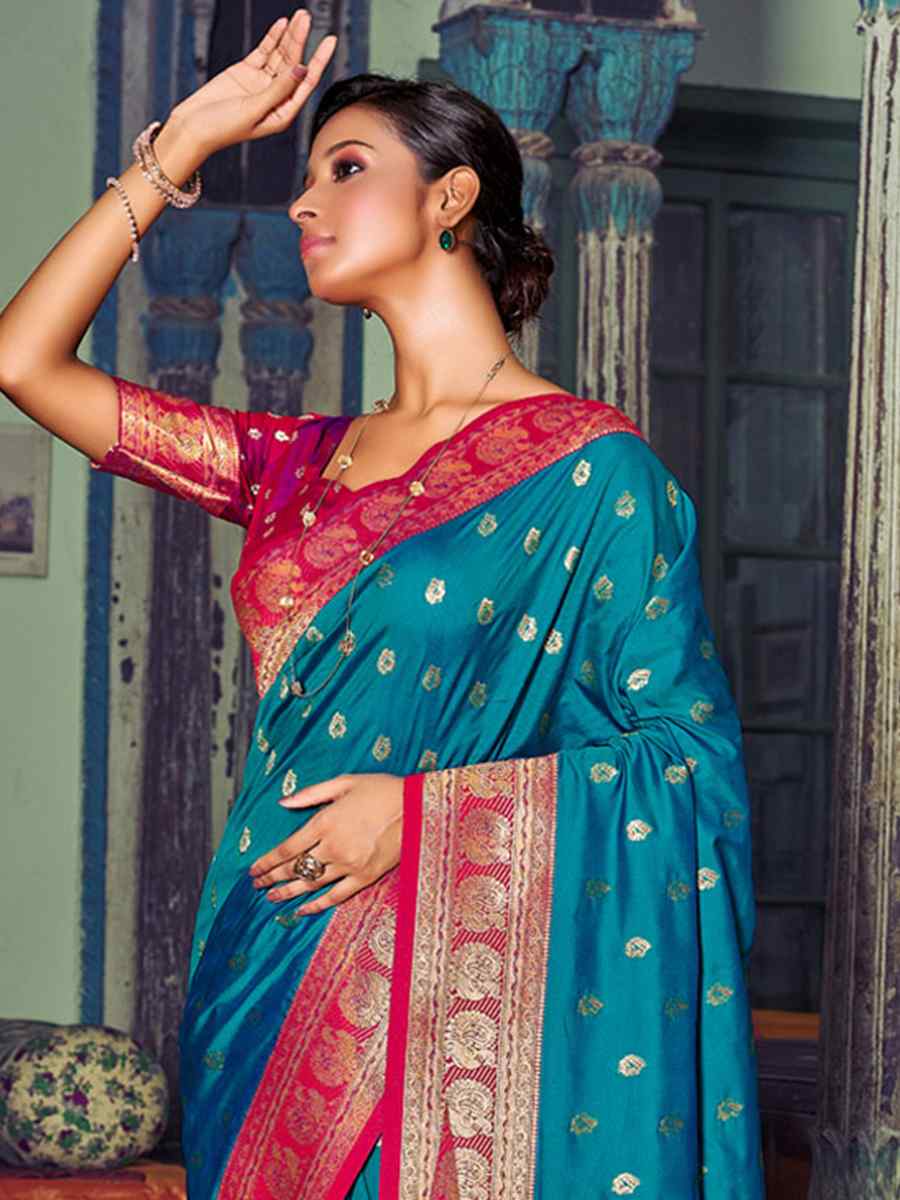 Blue Banarasi Silk Handwoven Wedding Festival Heavy Border Saree