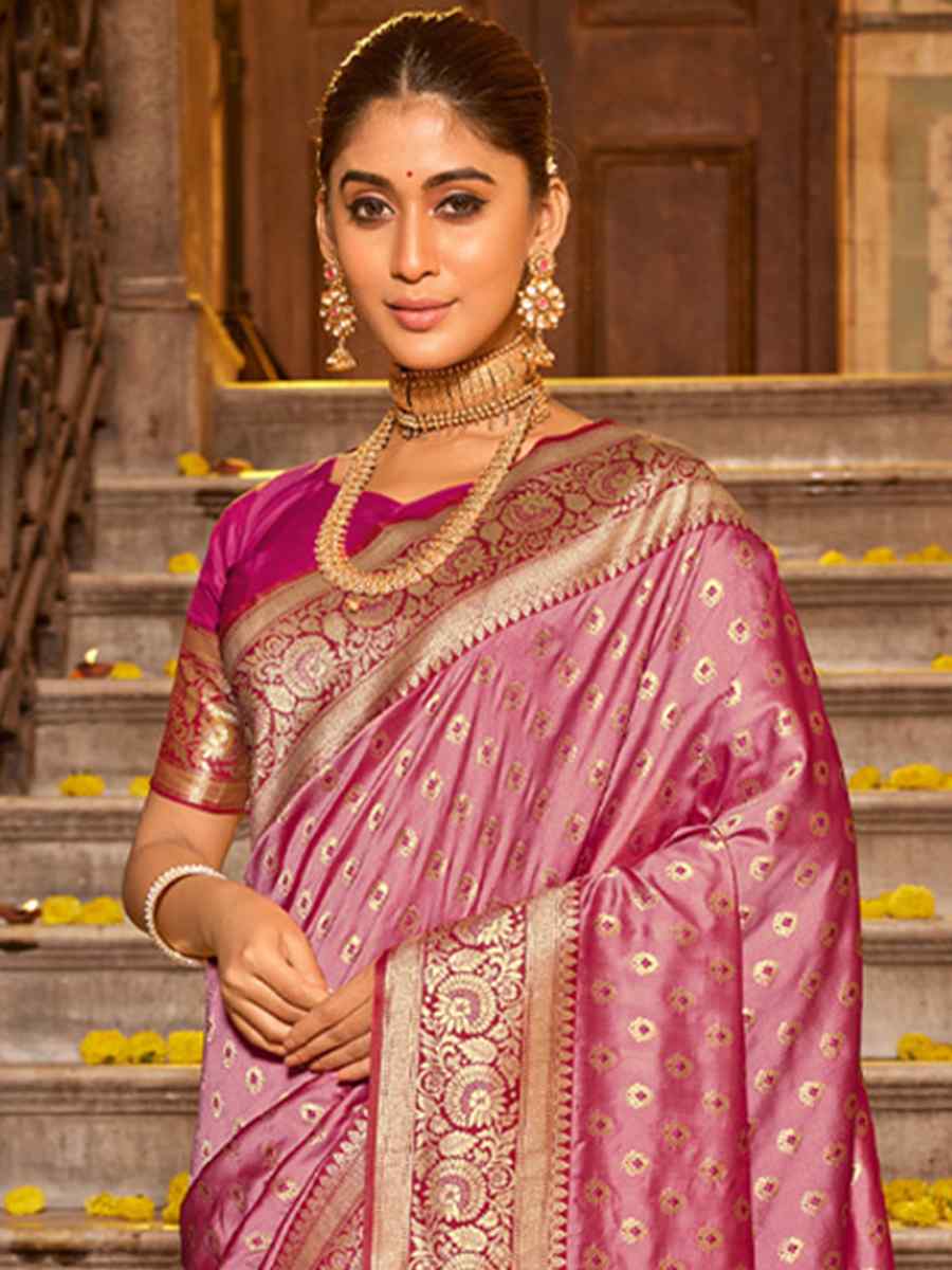 Baby Pink Banarasi Silk Handwoven Wedding Festival Heavy Border Saree