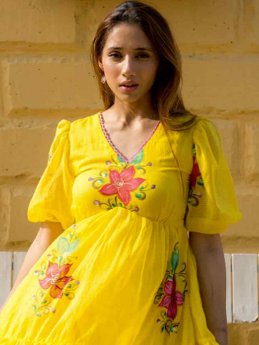 Yellow Kota Checks Printed Festival Casual Gown