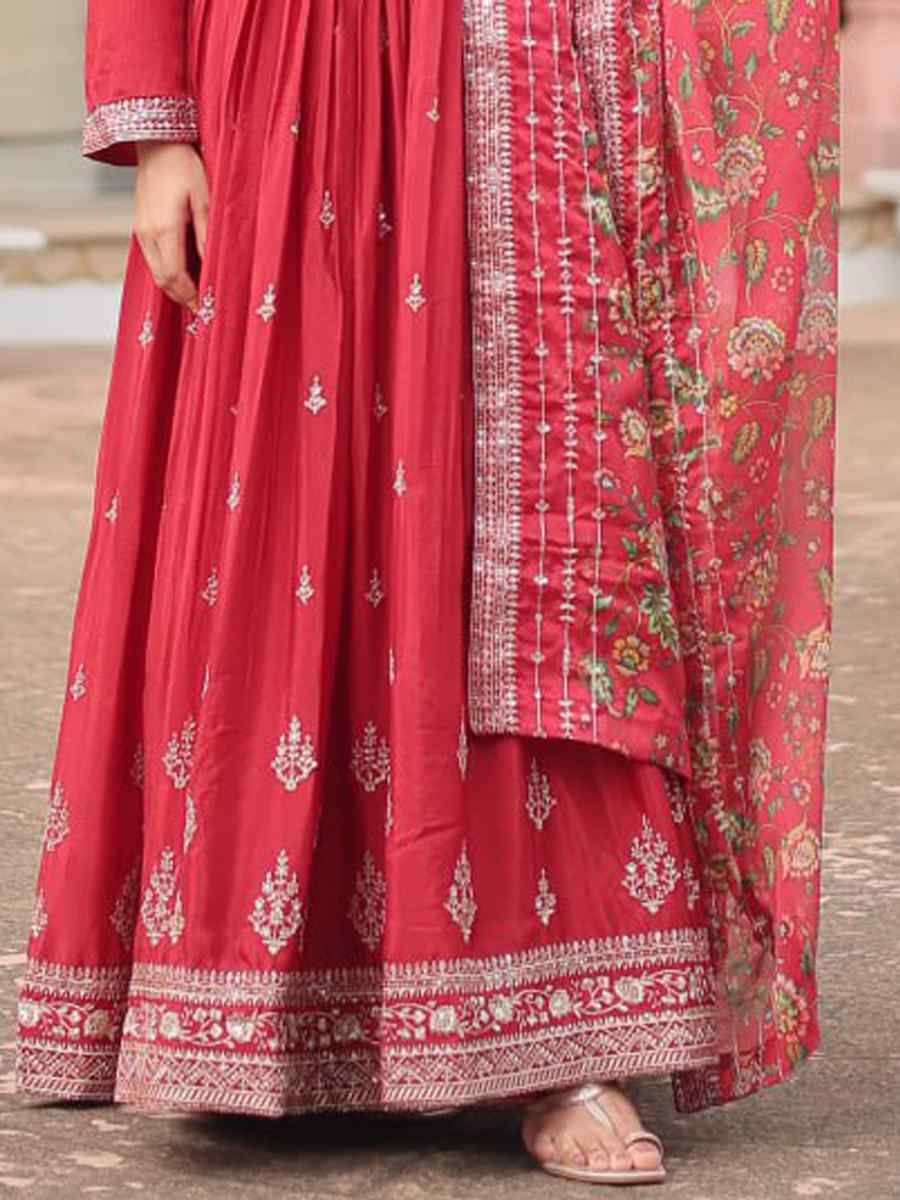 Red Chinon Embroidered Festival Casual Gown