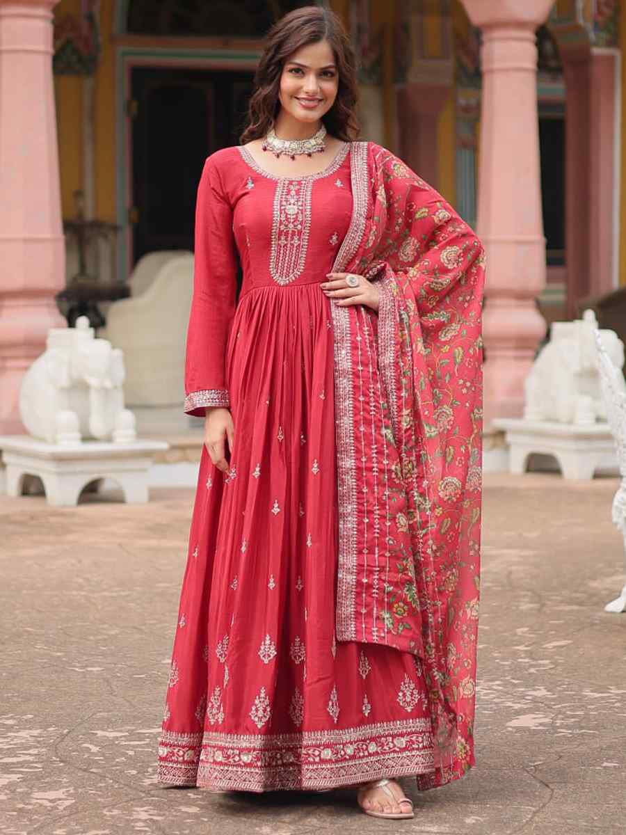 Red Chinon Embroidered Festival Casual Gown