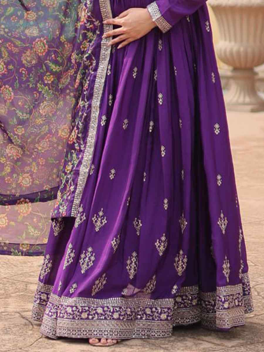 Purple Chinon Embroidered Festival Casual Gown