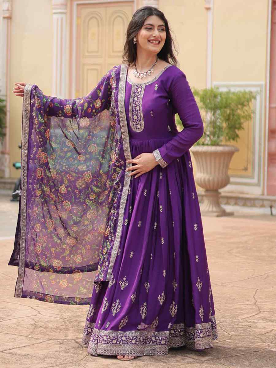 Purple Chinon Embroidered Festival Casual Gown