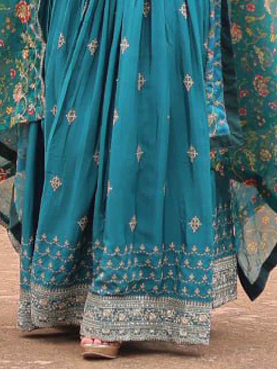 Turquoise Chinon Embroidered Festival Casual Gown