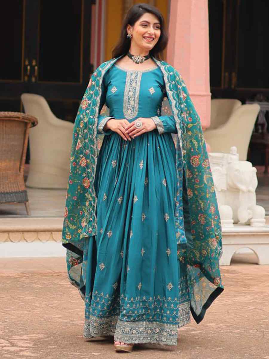 Turquoise Chinon Embroidered Festival Casual Gown