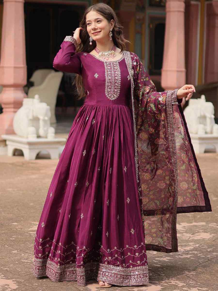 Wine Chinon Embroidered Festival Casual Gown