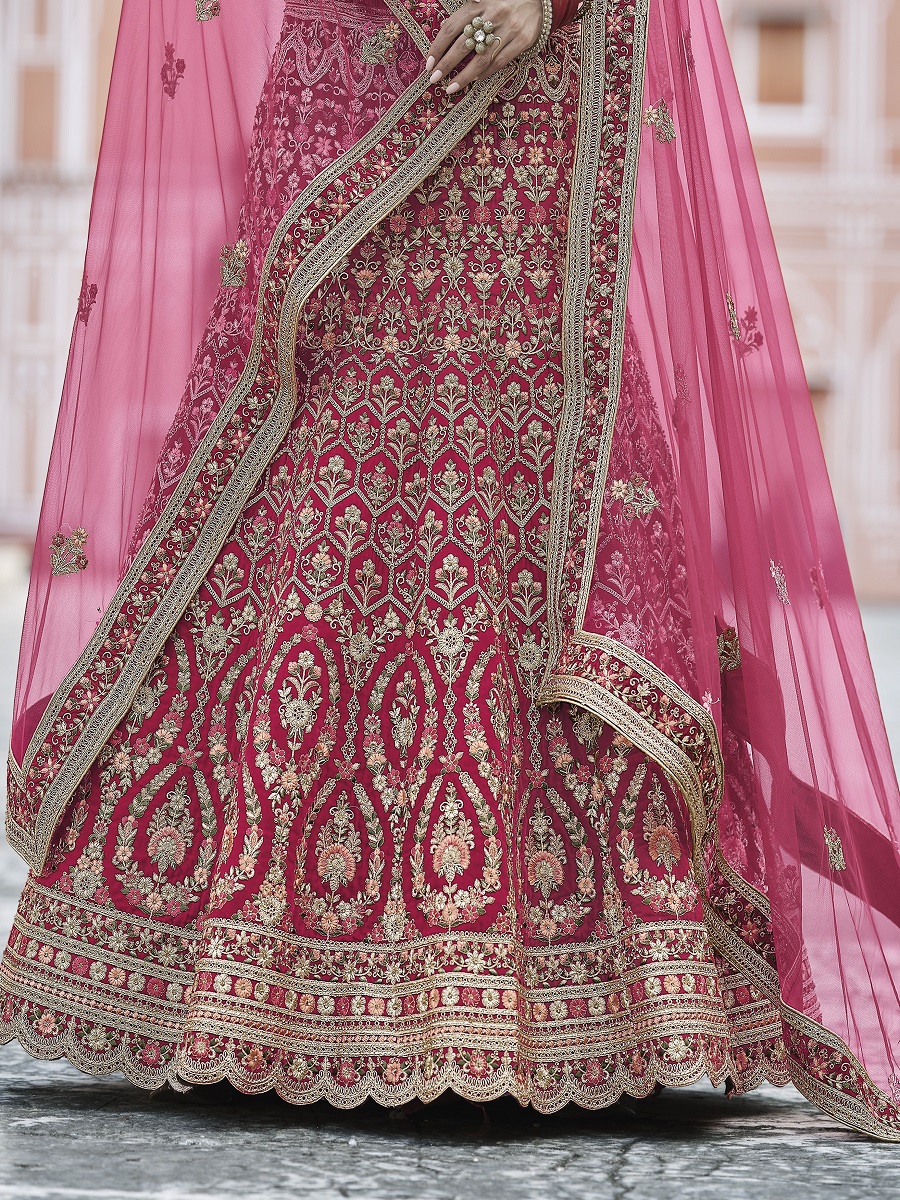 Pink Velvet Embroidered Bridal Lehenga Choli