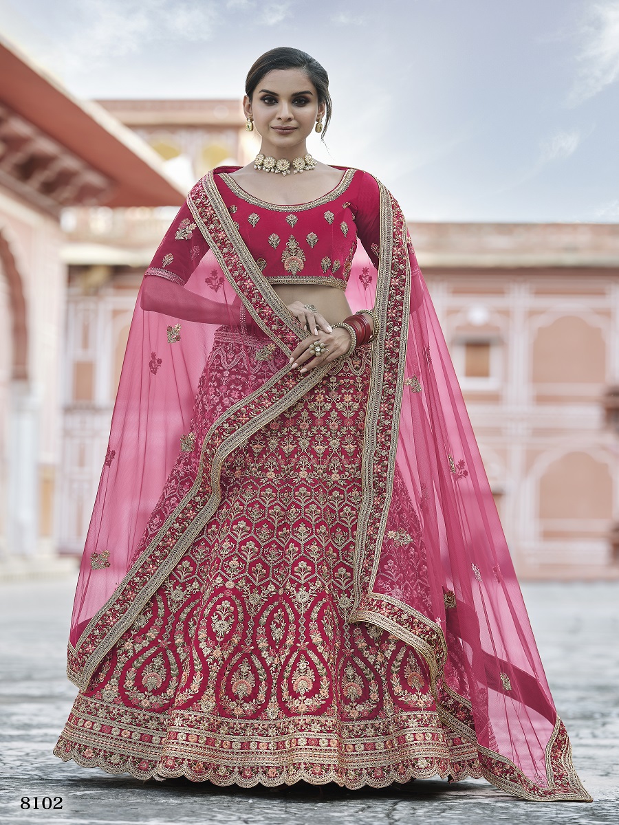 Pink Velvet Embroidered Bridal Lehenga Choli