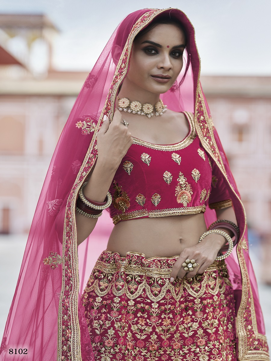 Pink Velvet Embroidered Bridal Lehenga Choli