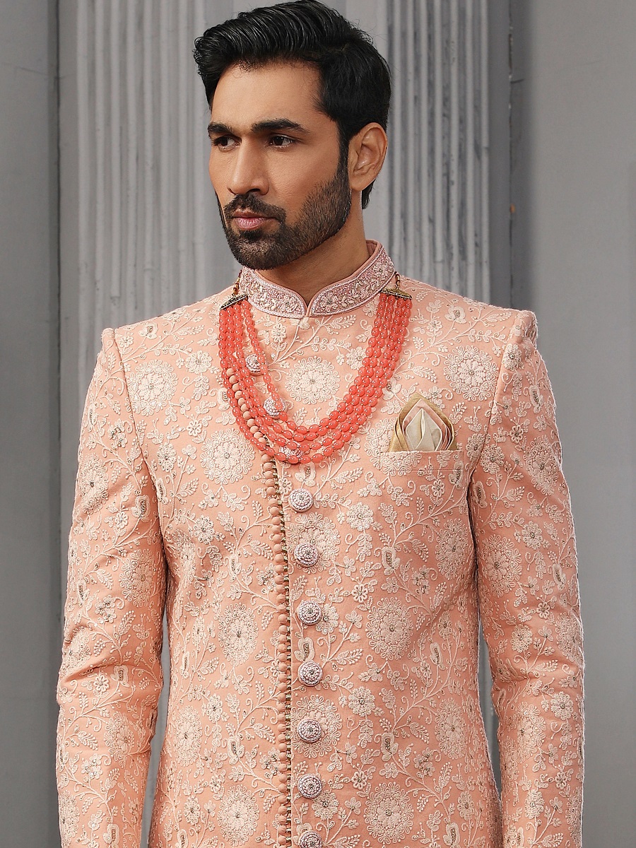 Orange Lukhnavi Embroidered Wedding Groom Sherwani