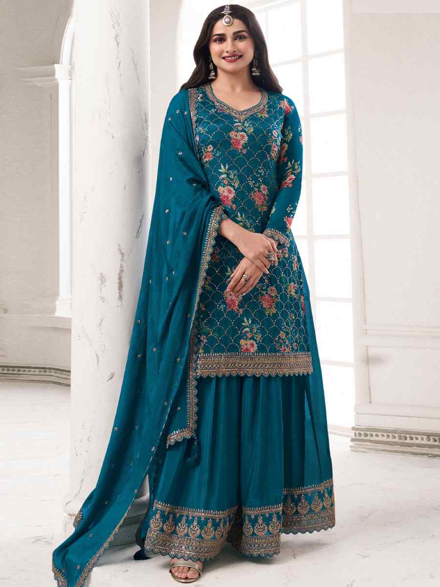 Aqua Blue Chinon Embroidered Festival Wedding Sharara Pant Salwar Kameez