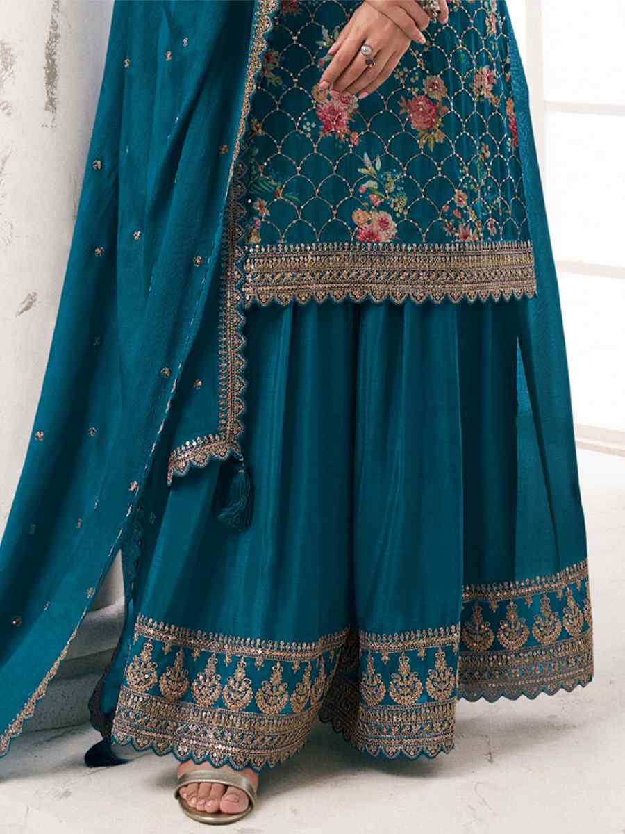 Aqua Blue Chinon Embroidered Festival Wedding Sharara Pant Salwar Kameez