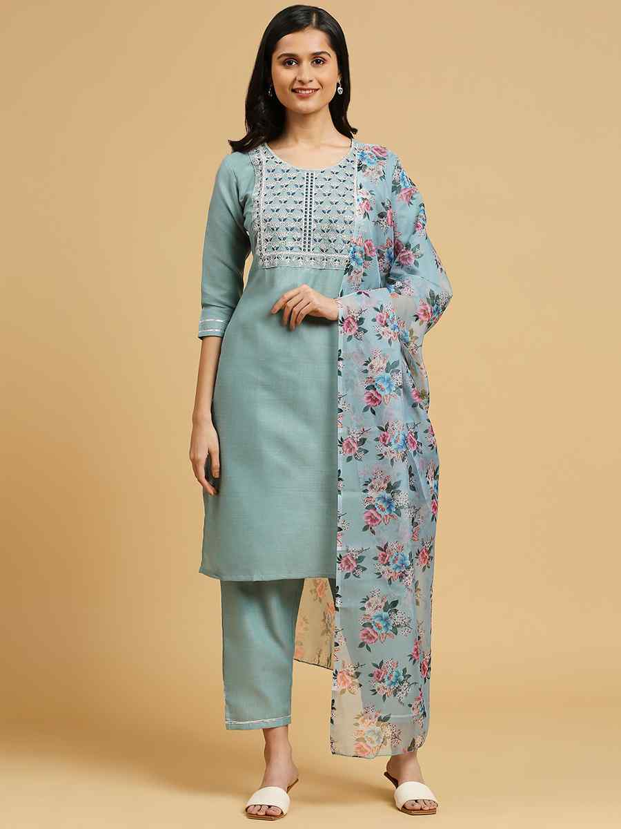 Aqua Blue Cotton Printed Festival Casual Ready Pant Salwar Kameez