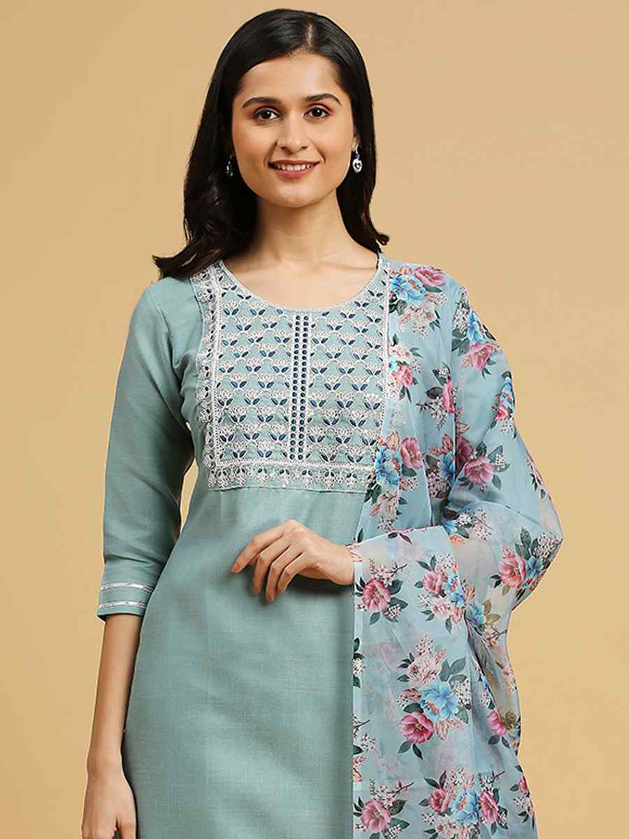 Aqua Blue Cotton Printed Festival Casual Ready Pant Salwar Kameez