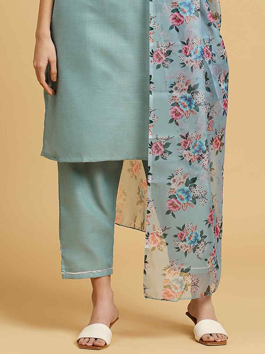 Aqua Blue Cotton Printed Festival Casual Ready Pant Salwar Kameez