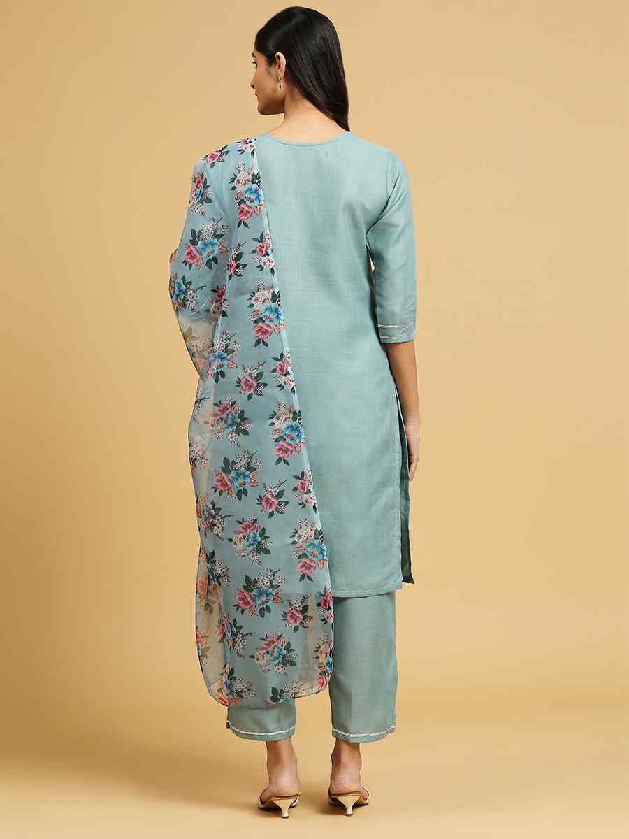 Aqua Blue Cotton Printed Festival Casual Ready Pant Salwar Kameez